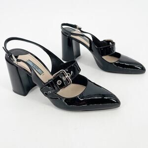 Prada Black Patent Leather Pointed Toe Mary Jane Strap Slingback Heel IT 40